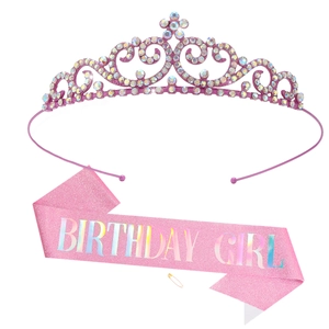 Pink birthday girl sash with glitter letters and a rhinestone tiara for party accessories