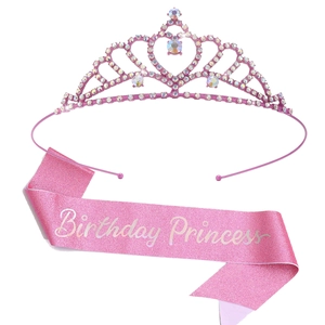 Sweet Pink Birthday Princess Tiara and Sash Kit Alloy Rhinestone Heart Crown For Kids Girls Birthday Party Decorations