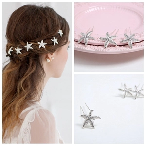 Starfish bridal hair pins with white rhinestones on silver metal base for wedding hairstyles