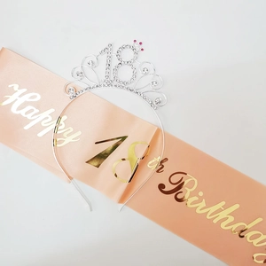 18th birthday party set with silver rhinestone crown and rose gold happy birthday sash
