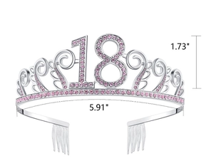 Détails du diadème du 18e anniversaire avec strass roses et dimensions de taille en pouces