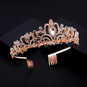 Elegant rose gold wedding tiara with sparkling crystal rhinestones and side combs