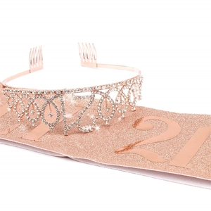 Detail of rose gold 21st birthday tiara and glitter sash set for girls party supplies
