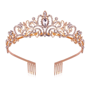 Elegant gold bridal tiara with sparkling rhinestones and flower leaf patterns for weddings