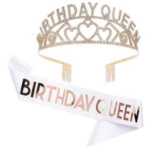 Detailed view of Birthday Queen rhinestone crown and rose gold foil satin sash set