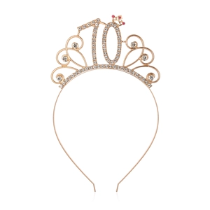 Close-up of rose gold birthday crown with white rhinestones showing number 10