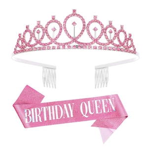 Sparkling pink rhinestone birthday queen tiara and glitter sash set for party supplies