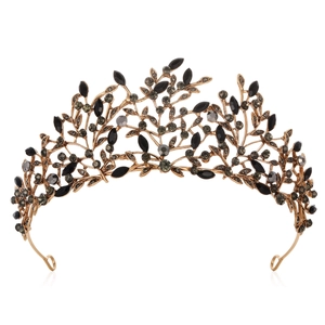 Baroque bridal crown with black crystals and vintage gold branch design on white background