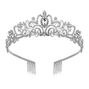 Detailed front view of silver bridal crown with baroque floral rhinestones and side combs