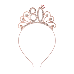 Detail of rose gold 80th birthday crown with sparkling rhinestones and pink accents