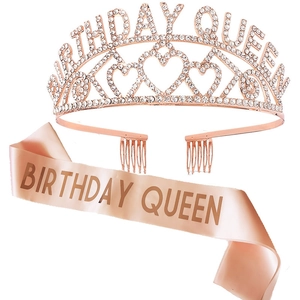 Rose gold Birthday Queen crown and satin sash set with rhinestones for girls