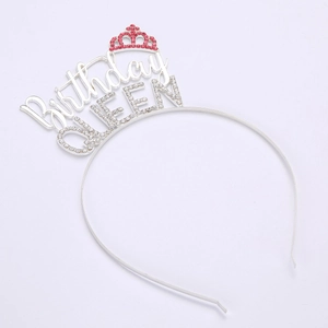 Detail of Birthday Queen headband with pink rhinestones and polished silver metal frame