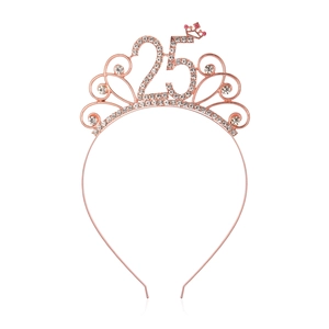 Detail of rose gold number 25 birthday headband with sparkling crystals and mini crown decoration