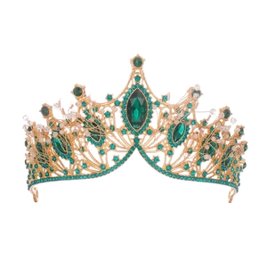 Couronne de mariée dorée vintage avec cristaux vert émeraude et gemme marquise