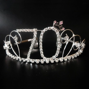 Diadème argenté du 70e anniversaire avec strass et détail de couronne rose