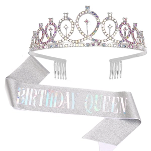 Detailed shot of sparkling silver birthday tiara and Birthday Queen glitter sash set