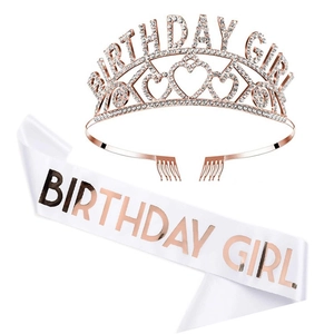 Birthday Girl crown and sash set with rose gold rhinestones for women party