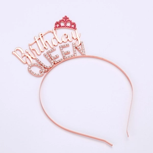 Detailed close-up of rose gold Birthday Queen headband with rhinestones and crown