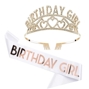 Birthday Queen set with golden rhinestone tiara and white satin Birthday Girl sash