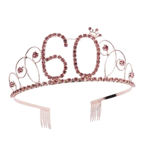 Corona per 60° compleanno in oro rosa con strass rosa e pettini per capelli sicuri