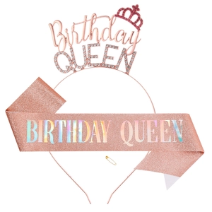 Birthday Queen Alloy Rhinestone Crown And Glitter Sash For Women Girls Birthday Party Decorations Accessories Headband Set