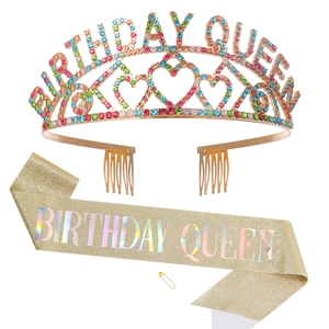 Set Birthday Queen avec diadème en strass colorés et écharpe dorée pour fête