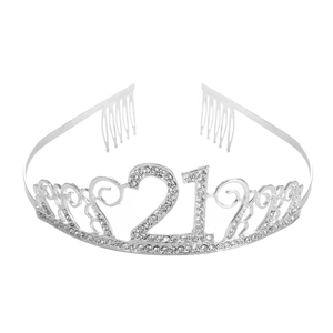 Vue détaillée du diadème d'anniversaire argenté numéro 21 avec strass et peignes latéraux