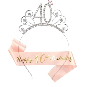 Detail of 40th birthday tiara with pink glitter sash and rose gold party accessories