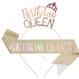 Rose gold Birthday Queen tiara set with rhinestone crown and glitter sash for women