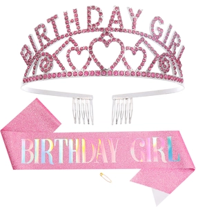 Birthday Girl Rhinestone Crown Tiara And Glitter Fabric Sash Party Decoration Accessory For Women Girls Celebration Accessory