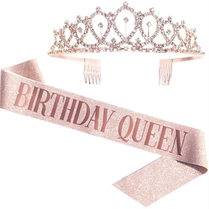 Glitter Birthday Queen Tiara And Sash Rhinestone Birthday Girl Crown Sash For Women Girls Birthday Party Decorations