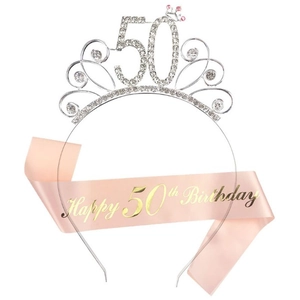 Detail of 50th birthday tiara with rhinestones and pink satin sash with gold lettering