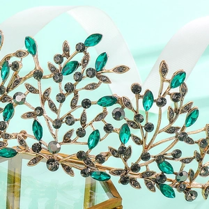 Vintage baroque bridal crown with emerald and black rhinestones on gold alloy base