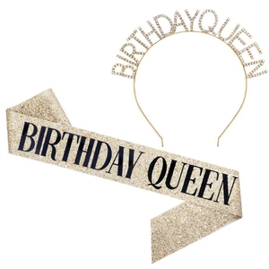 Birthday Queen Girl Tiara Headband And Satin Sash Rhinestone Alloy Crown For Party Decorations Anniversary Favors Gifts