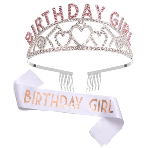 Birthday Queen set featuring a silver rhinestone tiara and white satin sash with rose gold text