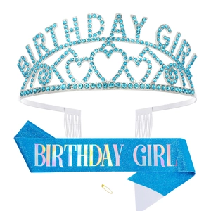 Blue rhinestone Birthday Girl crown and glitter sash set with gold pin for party