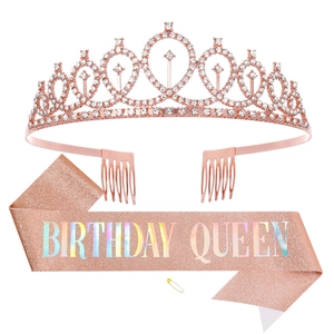 Rose gold birthday crown with rhinestones and Birthday Queen glitter sash set