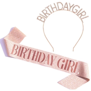 Pink glitter sash and rose gold rhinestone headband set for birthday girl celebrations