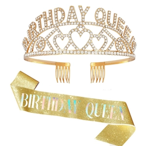Ensemble diadème Birthday Queen doré et écharpe scintillante avec strass pour anniversaire