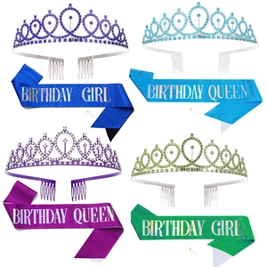 Birthday set with rhinestone tiara and glitter sash available in four vibrant colors