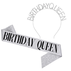 Silver birthday queen sash and rhinestone crown set for girl birthday celebration parties