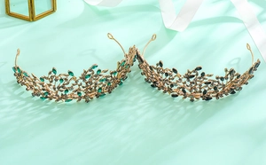 Baroque bridal crown with green and black crystals on vintage golden leaf metal frames