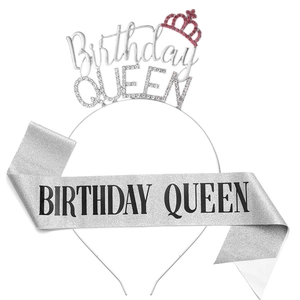 Detail of silver glitter Birthday Queen sash and rhinestone metal headband set