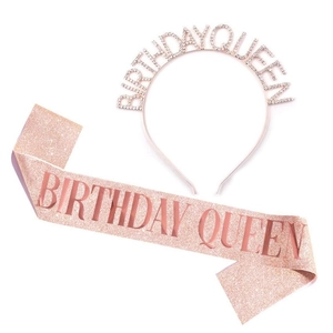 Rose gold Birthday Queen crown and glitter sash set for girl's birthday party decoration