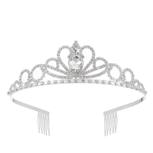 Couronne argentée en strass avec gemme goutte d'eau et peignes latéraux pour enfants