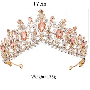 Golden bridal crown with pink teardrop crystals and white diamonds, 17cm diameter