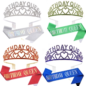 Birthday Queen Couronne Et Écharpe Pour Femmes Diadème En Strass Écharpe À Paillettes Accessoires De Fête D'Anniversaire Cœur