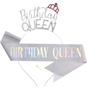 Rose gold Birthday Queen tiara and iridescent glitter sash set with sparkly rhinestones