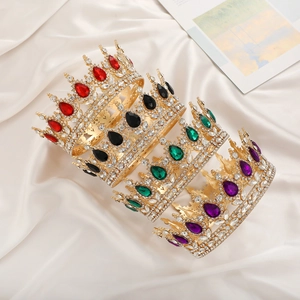 Baroque gold crown set with white rhinestones and large water drop crystals in four colors