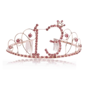 Diadème 13e anniversaire or rose avec strass roses et peignes de fixation